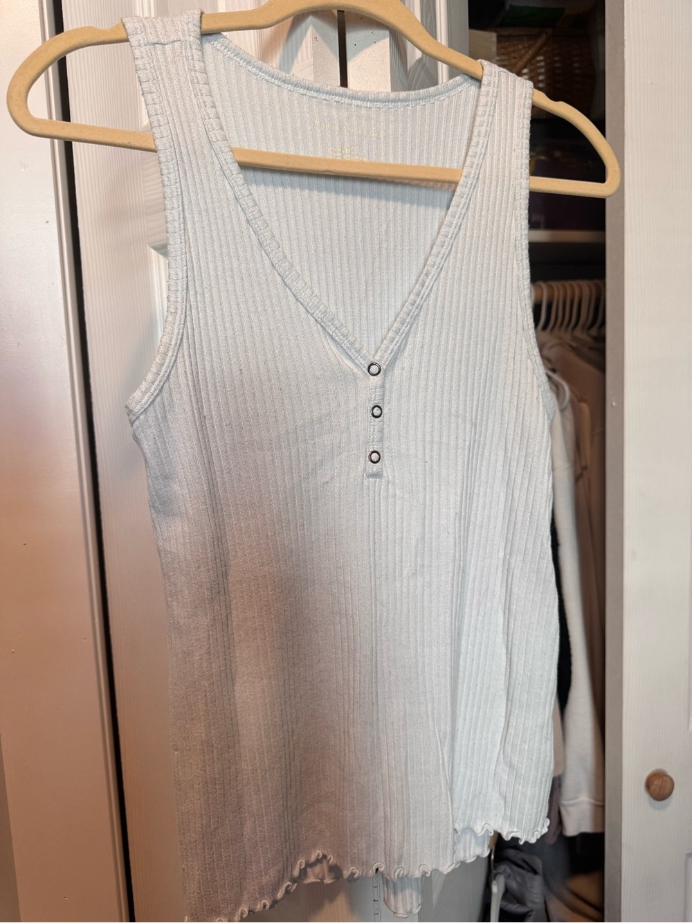 American Eagle Outfitters Pale Blue Ribbed V-Neck Tank with Button Trim